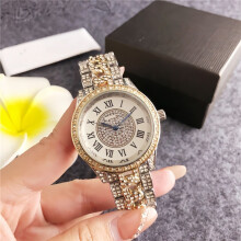 (Golden color) Ladies Rose Gold Quartz Watch, Stainless Steel Band, Full Crystal Bezel Dial Roman Numerals Fashion Wristwatch