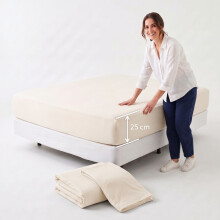 (2X Double, Cream) 25cm Deep Stretchable Elastic Fitted Bed Sheet Pack of 2 Bed Sheets 245GSM Premium Hotel Quality