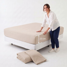 (2X Double, Beige) 25cm Deep Stretchable Elastic Fitted Bed Sheet Pack of 2 Bed Sheets 245GSM Premium Hotel Quality