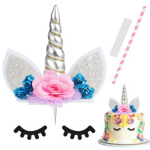 Unicorn Cake Toppers, Cake Decorations Unicorn Handmade Flowers Cakes Decorations Glitter Cupcake Topper with 1 Pair Eyelashes Straw Baking