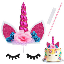 Unicorn Cake Toppers, Cake Decorations Rose Floral Unicorn Cake Insert Decoration Glitter Cupcake Topper with 1 Pair Eyelashes Straw Baking