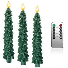 Yme 3pcs Christmas Trees Battery Candles, LED Taper Candles with Remote Control Timer Real Wax Warm White Light for Green Christmas Dinner Table