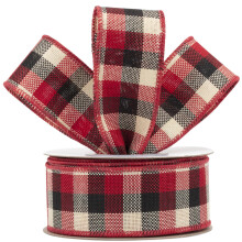 38mm Wired Gingham Burlap Ribbon - 9M Red, White and Black Plaid Ribbon for Gift Wrapping, Crafts, Wreaths, Farmhouse Decorations, Garlands