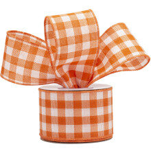 63mm Wired Gingham Burlap Ribbon - 9M Tangerine and White Plaid Ribbon for Gift Wrapping, Crafts, Wreaths, Farmhouse Decorations, Garlands