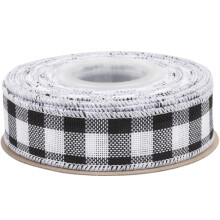 Wired-Edge Checkered Burlap Ribbon, 25mm x 9 Meter, Black/White, Buffalo Plaid Ribbon for Gift Wrapping, Christmas Decorations, Wreaths, Big Bows