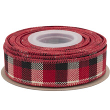 Wired-Edge Checkered Burlap Ribbon, 25mm x 9 Meter, Red/Black/White, Buffalo Plaid Ribbon for Gift Wrapping, Christmas Decorations, Wreaths