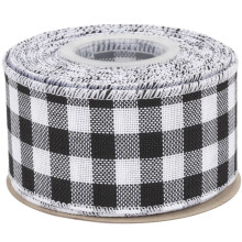 Wired-Edge Checkered Burlap Ribbon, 50mm x 9 Meter, Black/White, Buffalo Plaid Ribbon for Gift Wrapping, Christmas Decorations, Wreaths, Big Bows