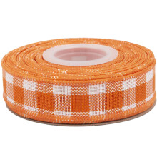 Wired-Edge Checkered Burlap Ribbon, 25mm x 9 Meter, Orange/White, Buffalo Plaid Ribbon for Gift Wrapping, Christmas Decorations, Wreaths, Big Bows