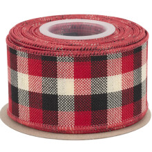 Wired-Edge Checkered Burlap Ribbon, 50mm x 9 Meter, Red/Black/White, Buffalo Plaid Ribbon for Gift Wrapping, Christmas Decorations, Wreaths