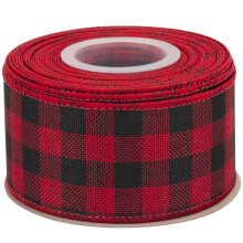 Wired-Edge Checkered Burlap Ribbon, 50mm x 9 Meter, Red/Black, Buffalo Plaid Ribbon for Gift Wrapping, Christmas Decorations, Wreaths, Big Bows