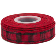 Wired-Edge Checkered Burlap Ribbon, 25mm x 9 Meter, Red/Black, Buffalo Plaid Ribbon for Gift Wrapping, Christmas Decorations, Wreaths, Big Bows