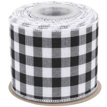 Wired-Edge Checkered Burlap Ribbon, 75mm x 9 Meter, Black/White, Buffalo Plaid Ribbon for Gift Wrapping, Christmas Decorations, Wreaths, Big Bows