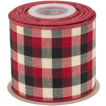 Wired-Edge Checkered Burlap Ribbon, 75mm x 9 Meter, Red/Black/White, Buffalo Plaid Ribbon for Gift Wrapping, Christmas Decorations, Wreaths