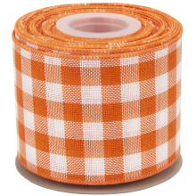 Wired-Edge Checkered Burlap Ribbon, 75mm x 9 Meter, Orange/White, Buffalo Plaid Ribbon for Gift Wrapping, Christmas Decorations, Wreaths, Big Bows