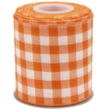 Wired-Edge Checkered Burlap Ribbon, 100mm x 9 Meter, Orange/White, Buffalo Plaid Ribbon for Gift Wrapping, Christmas Decorations, Wreaths, Big Bows