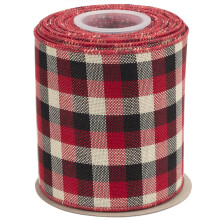 Wired-Edge Checkered Burlap Ribbon, 100mm x 9 Meter, Red/Black/White, Buffalo Plaid Ribbon for Gift Wrapping, Christmas Decorations, Wreaths