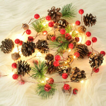 Christmas Garland with Lights, 2M 20 LED Pine Cone String Lights Berry Garland with Lights Indoor Christmas Decorations