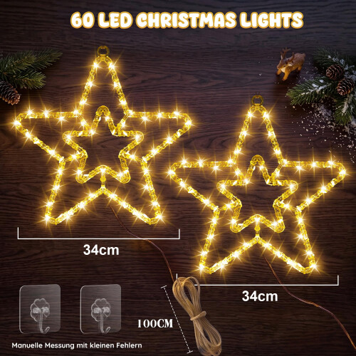 Star Christmas Window Lights Battery Operated, 33CM, 2 Pack, Warm 1