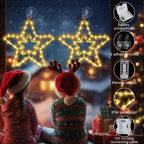 Star Christmas Window Lights Battery Operated, 33CM, 2 Pack, Warm 2