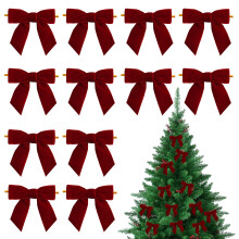 12 Pcs Wine Red Bows for Christmas Tree Decorations, Christmas Tree Velvet Bows with Twist Ties