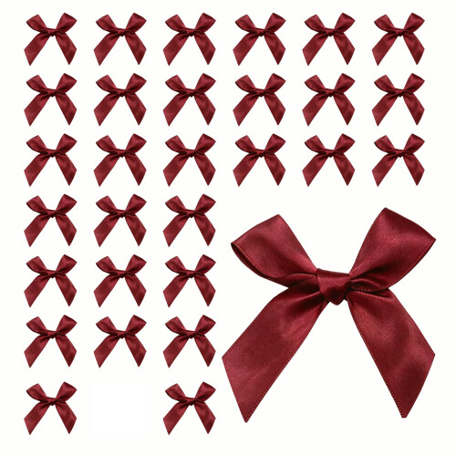 Mini Bow, Self-Adhesive Ribbon Bows for Decorations, 30 Pcs (Dark red)