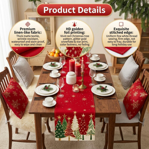 Christmas Table Runner,Red 30x180cm Xmas Tree Table Runner Decorations 2
