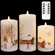 Eldnacele Christmas Flameless Candles with Snowman Scene and Remote, 3 Pack