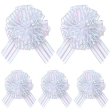 5 Pcs White Pull Bows, 6 Inch Large Organza Gift Wrap Ribbon Pull Bow