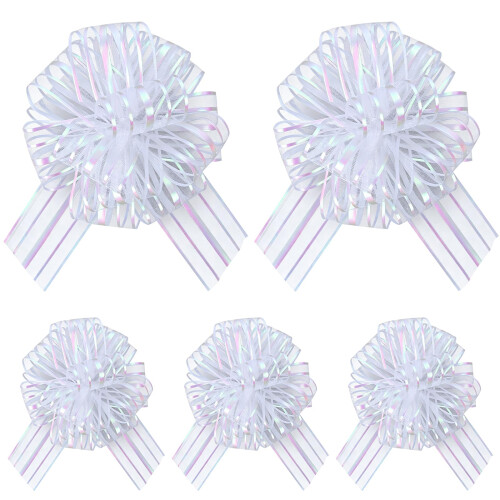 5 Pcs White Pull Bows, 6 Inch Large Organza Gift Wrap Ribbon Pull Bow