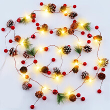 Christmas Garland 6.6FT Pinecones Christmas String Lights with Red Berries, Bells & Needles