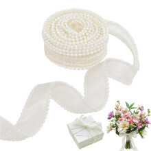 Pearl Edge Organza Chiffon Ribbon, 4cm*4.5mSmooth White Ribbon with Pearl Edges Wire,for Gift Wrapping Christmas, Bows Bouquet Decor Crafts