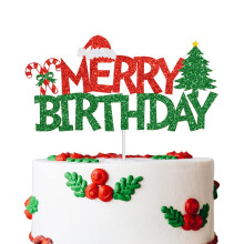 Merry Birthday Cake Topper Red &Green Glitter Christmas Birthday Cake Decoration Christmas Birthday Party Cake Food Picks for Winter Onederland Xmas