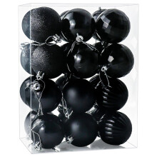 24 Pieces 60mm Hanging Christmas Tree Baubles in Black Glittering Decorative Baubles Balls Ornaments