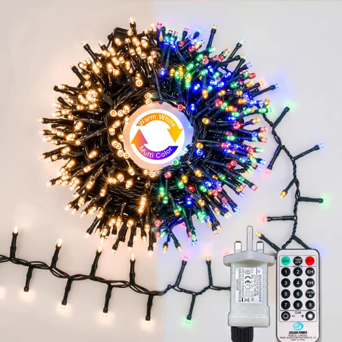 Gresonic Christmas Tree Fairy Lights 1000 LED 20m/65.6ft Warm White to Multicolor Indoor, 9 Modes Timer Green Cable Wire String Twinkle