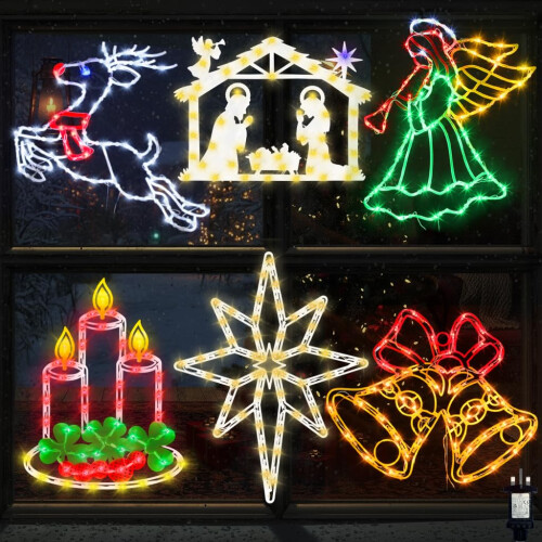 6 PCS Christmas Window Silhouette Light Decorations with UK Plugs