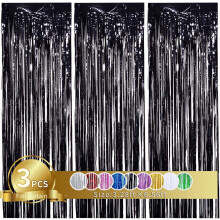 3Pcs Black Metallic Tinsel Foil Fringe Curtains, 3.28ft x 6.56ft Black Photo Booth Backdrop Streamer Curtain,Photo Booth Props,Ideal Bachelorette
