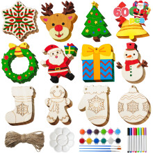 JOYIN 60 Pcs Christmas Wooden Hanging Ornaments Craft Kits, Unfinished Blank Wood Ornaments to Paint for Kids, Christmas Arts & Crafts Bulk