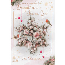 IC&G Christmas Card for Daughter & Son In Law - Artistic Robins and Decorations - Foil and Flitter Finish