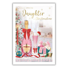 Daughter Christmas Card - Special Finishes - Champagne and Decorations - Artistic Festive Design - Illustrated Insert Leaf - Made in the UK