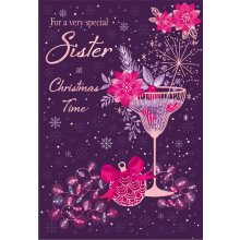 IC&G Christmas Card for Sister - Festive Cocktail and Decorations - Foil and Flitter Finish - Artistic Christmas Greeting Card for Her