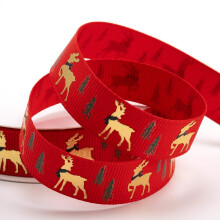 Italian Options Golden Reindeer Stag Grosgrain Ribbon, Red Christmas Ribbon for Crafts, Gift Wrapping, Wreaths, Tree Decorations, Hair Bows, Red