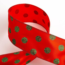 Italian Options Green Glitter Dots Red Satin Ribbon, Wide Wired Christmas Ribbon for Crafts, Gift Wrapping Accessories, Wreaths, Tree Decorations