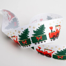 Italian Options Santa Train Satin Ribbon for Gift Wrapping, Christmas Ribbon for Crafts, Wreaths, Tree Decorations, Cards, Fabric Ribbons, White