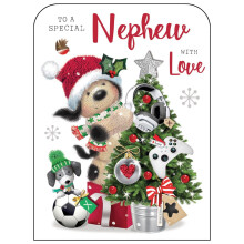 Jonny Javelin Special Nephew Christmas Card - Fudge Cuddly Dog and Christmas Tree Gaming Decorations with Foil and Flitter Details