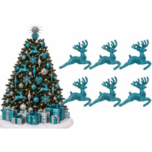 Pack of 6 - Hanging Glitter Reindeer Christmas Tree Decorations - 2.2cm x 9.5cm (Turquoise)