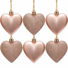 6pc Large Glitter & Matte Heart Baubles - Great Christmas Tree Decorations, Heart Baubles (Rose Gold)