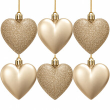 6pc Large Glitter & Matte Heart Baubles - Great Christmas Tree Decorations, Heart Baubles (Champagne Gold)