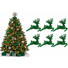 Pack of 6 - Hanging Glitter Reindeer Christmas Tree Decorations - 2.2cm x 9.5cm (Dark Green)