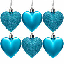 6pc Large Glitter & Matte Heart Baubles - Great Christmas Tree Decorations, Heart Baubles (Turquoise)