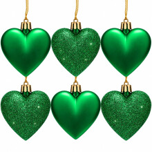 6pc Large Glitter & Matte Heart Baubles - Great Christmas Tree Decorations, Heart Baubles (Dark Green)
